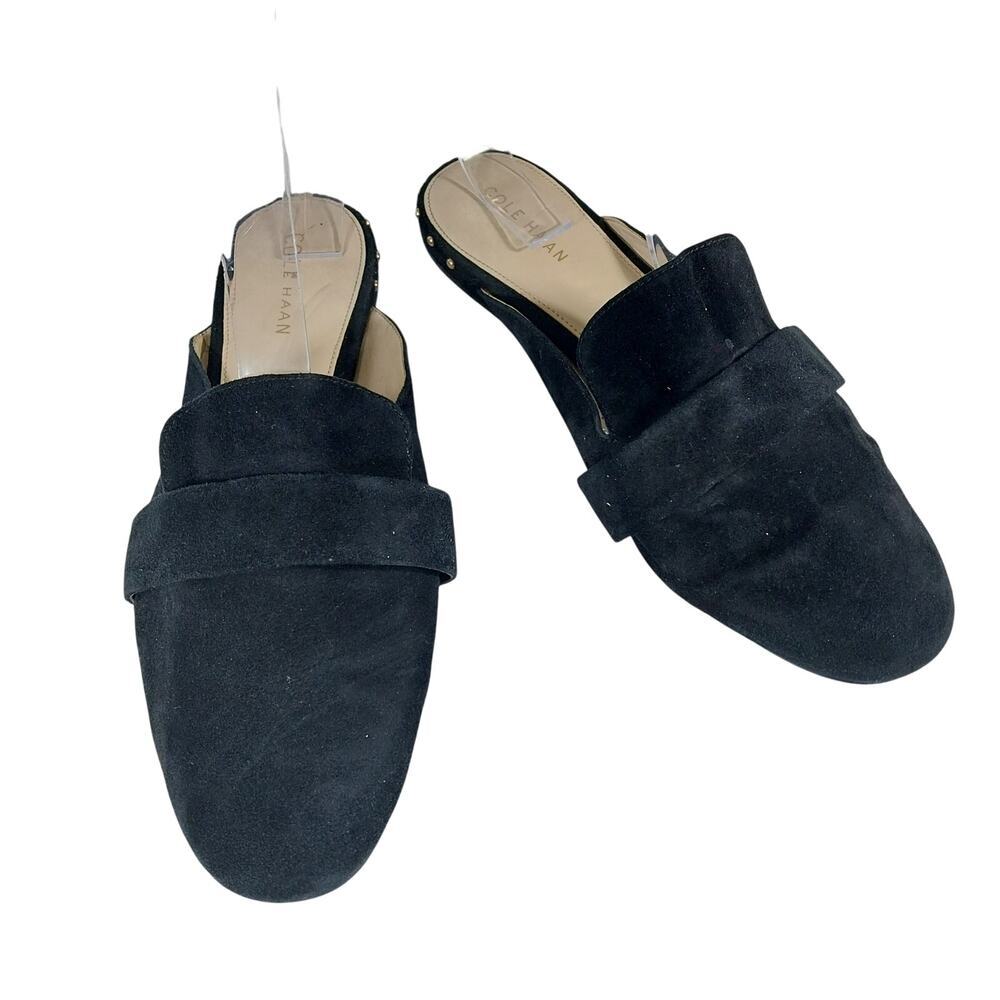 COLE HAAN! BLACK GENUINE SUEDE LEATHER FRONT STRAP MULES, LOW HEELS! SZ 6.5B
